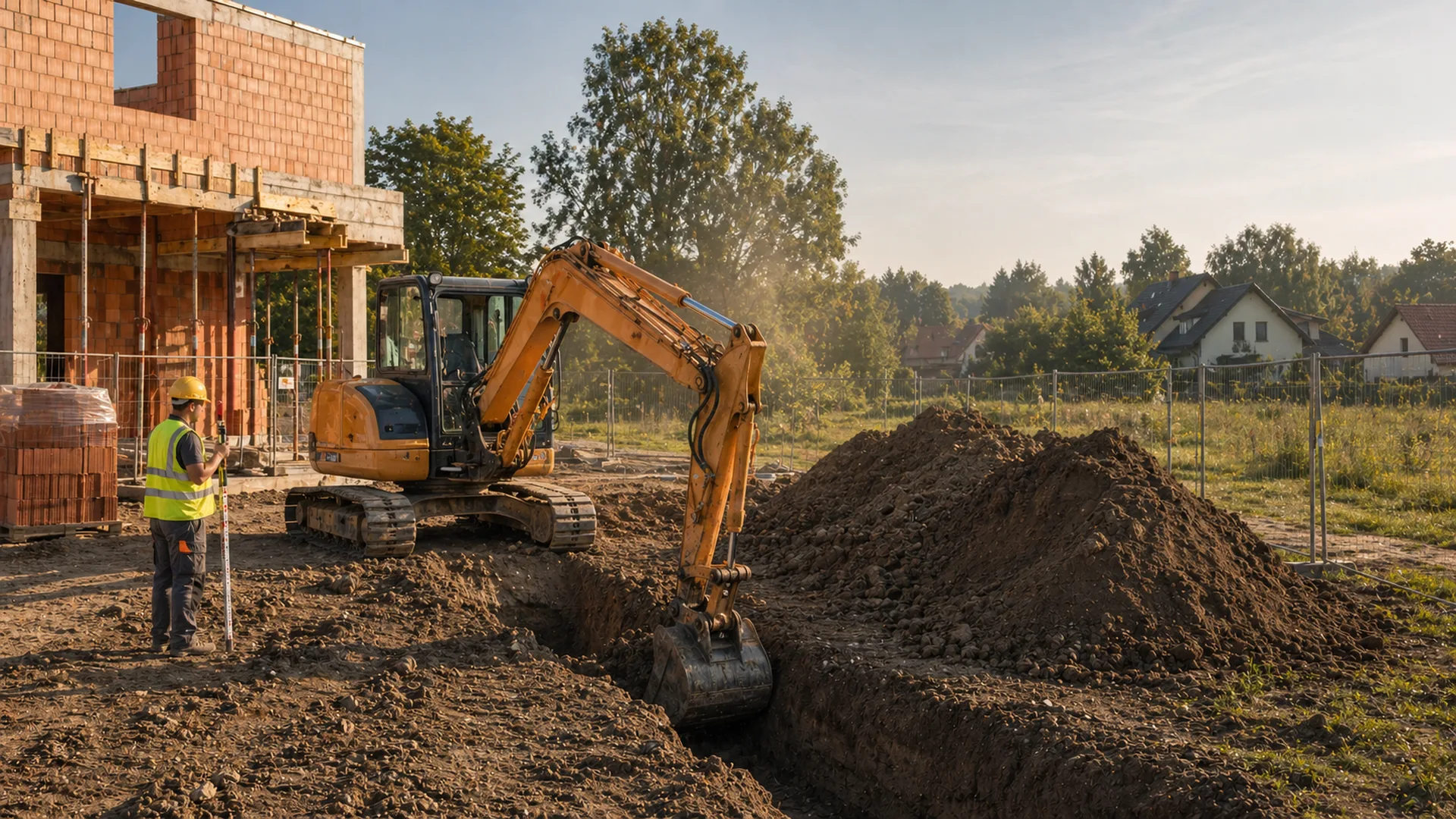 Wykopy i nasypy – koparka pracująca przy fundamentach